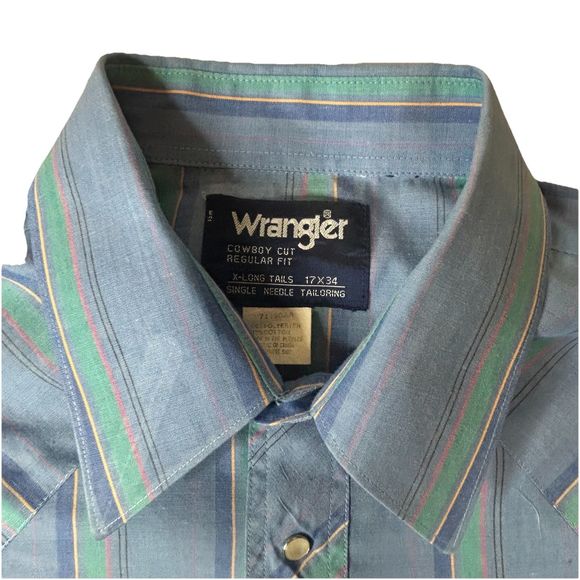 Wrangler Mens Cowboy Cut Western Pearl Snap Striped 17x34 Xtra Long Tails Blue - Picture 3 of 7